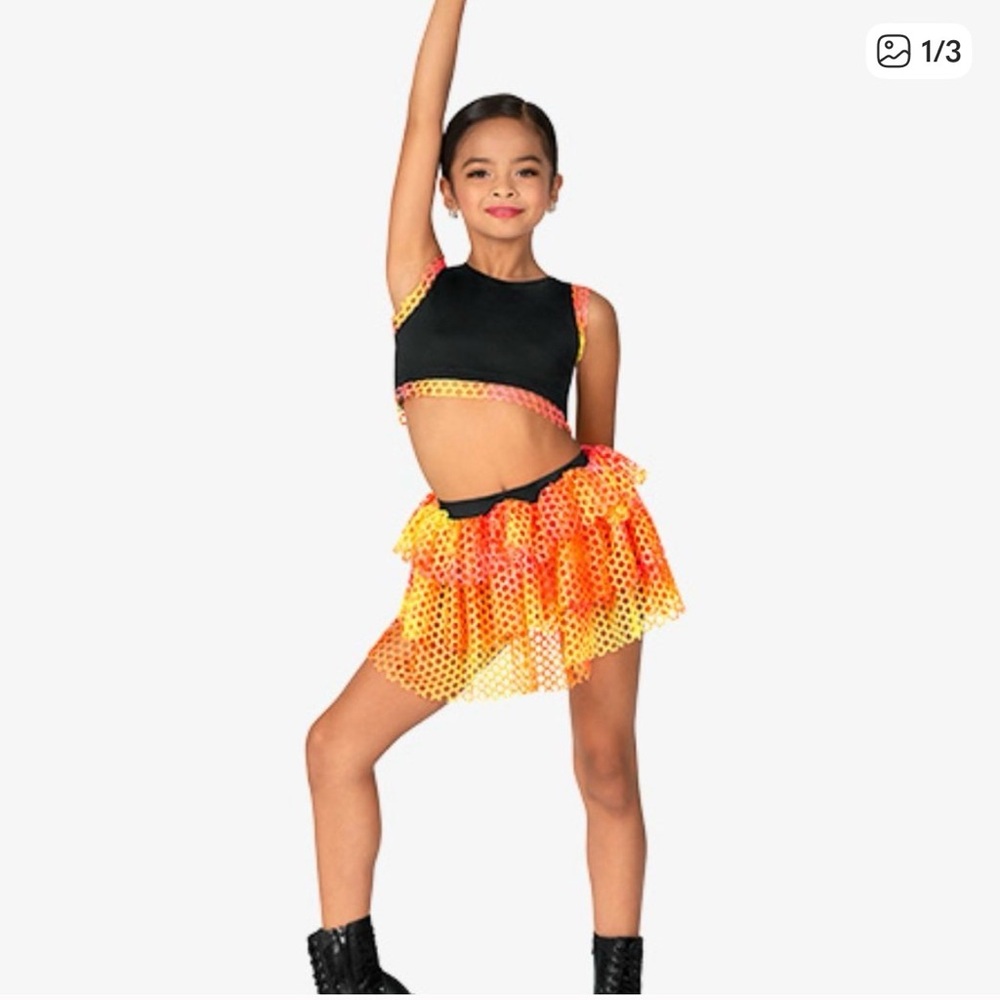 Girls' Black Crop Top & Mesh Skirt Costume Set in Neon Tie-Dye
